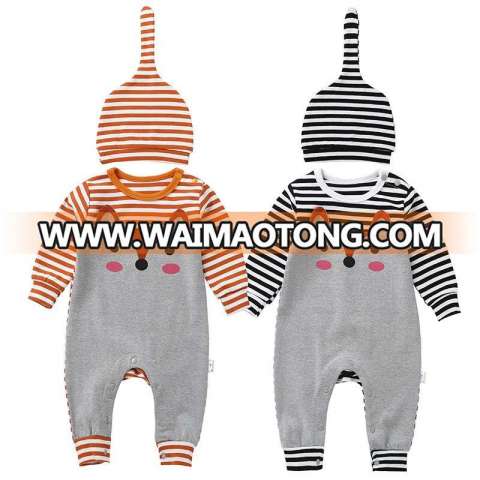 Wholesale Custom Autumn Winter Stylish Soft 100% Cotton Long Sleeve Strip Cute Animal Print Baby Romper Clothing Sets